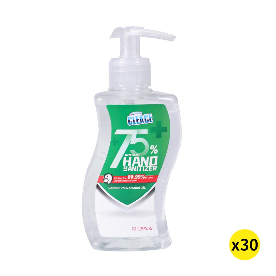 Cleace 30x Hand Sanitiser Gel 295ml bottle with 75% alcohol, designed for effective germ killing and skin moisturizing.