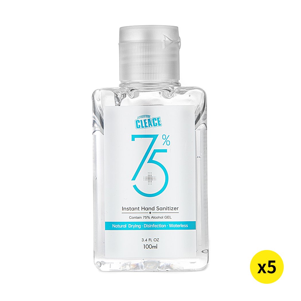 Cleace 5x Hand Sanitiser Gel 100ml bottle with 75% alcohol, transparent liquid, and moisturizing ingredients.