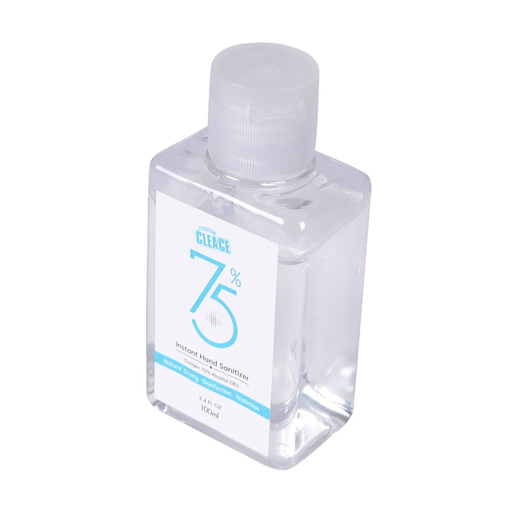 Cleace 5x Hand Sanitiser Gel 100ml bottle with 75% alcohol, transparent liquid, and moisturizing ingredients.