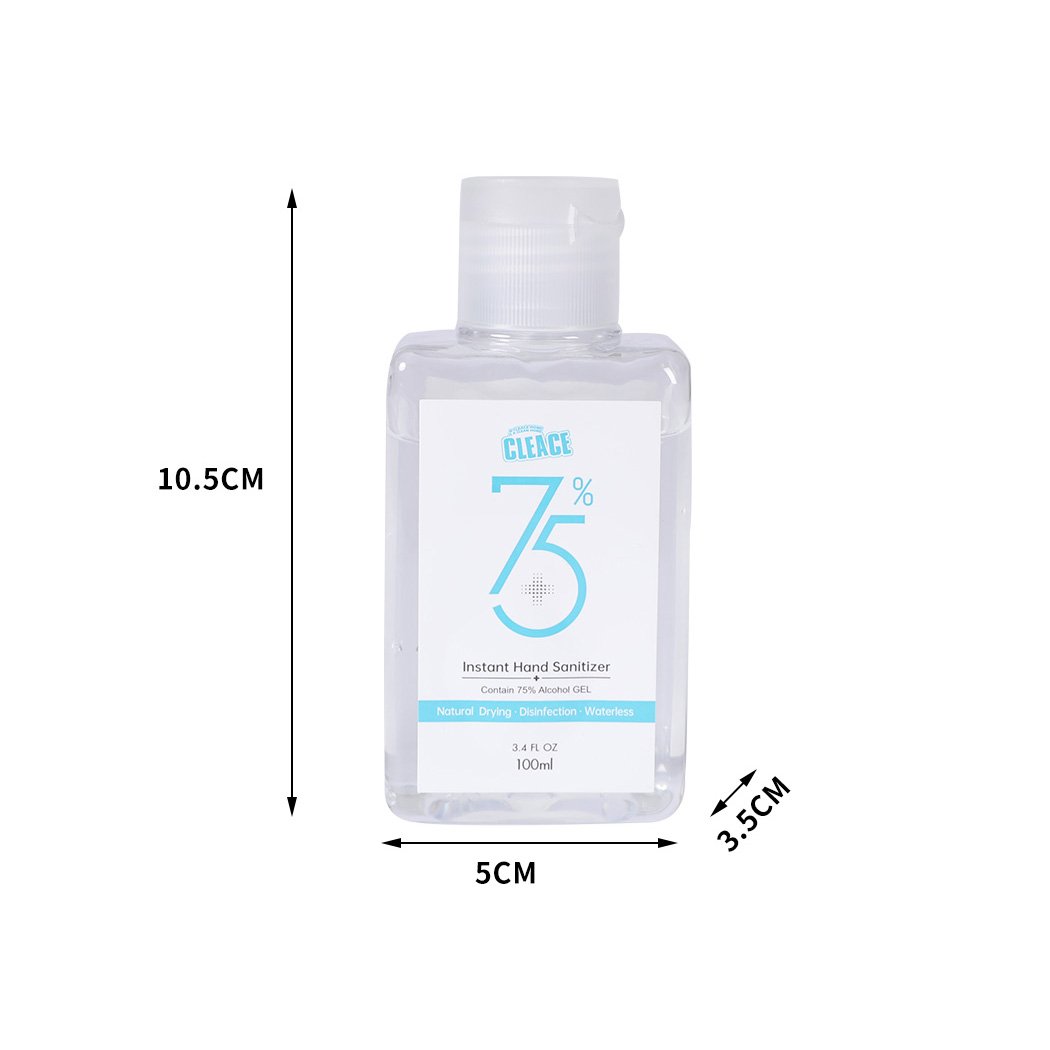 Cleace 5x Hand Sanitiser Gel 100ml bottle with 75% alcohol, transparent liquid, and moisturizing ingredients.