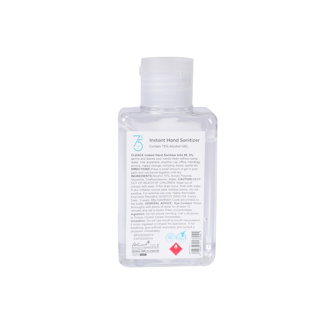 Cleace 5x Hand Sanitiser Gel 100ml bottle with 75% alcohol, transparent liquid, and moisturizing ingredients.