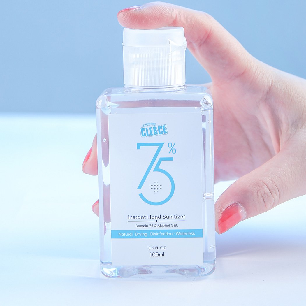 Cleace 5x Hand Sanitiser Gel 100ml bottle with 75% alcohol, transparent liquid, and moisturizing ingredients.