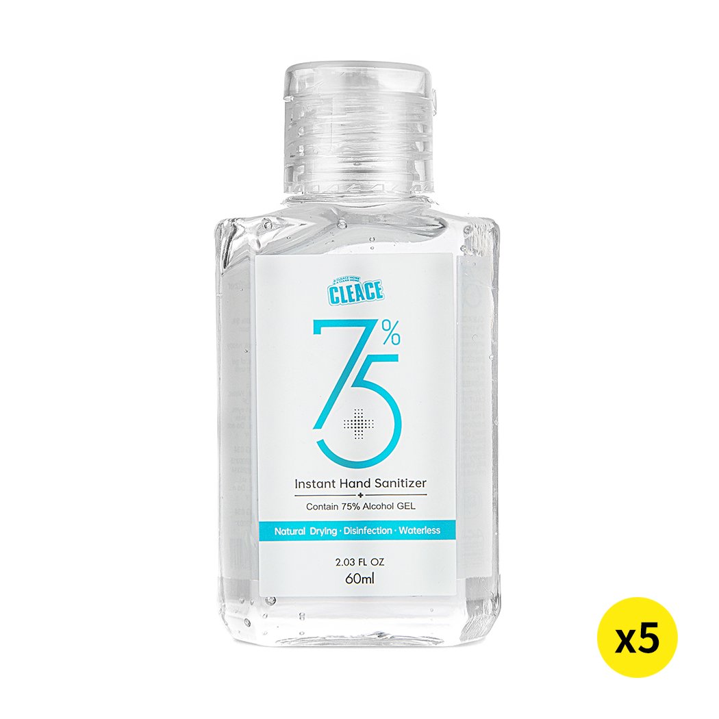 Cleace 5x Hand Sanitiser Gel 60ml bottles with 75% alcohol for effective germ killing and moisturizing.