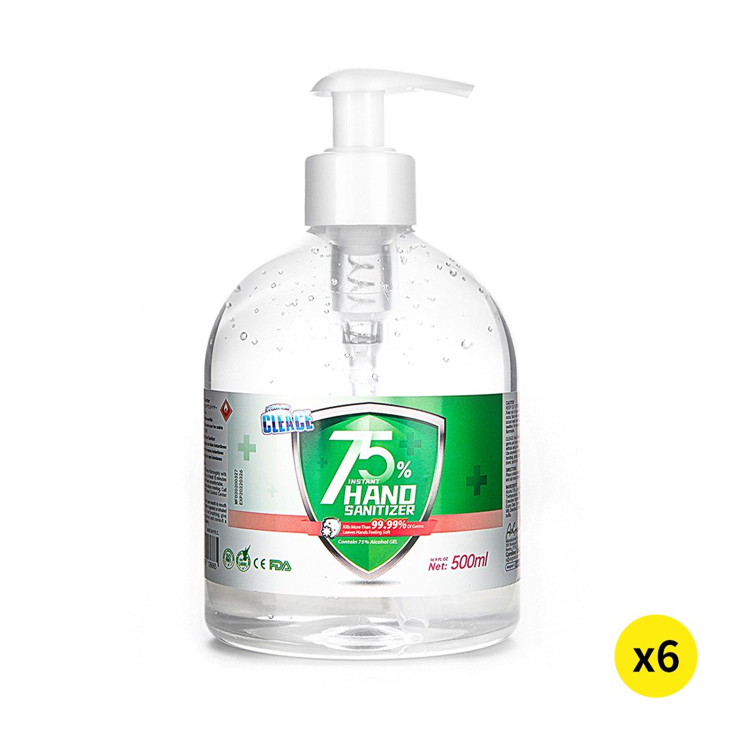 Cleace 6x Hand Sanitiser 500ML bottles with a transparent design, showcasing the gel inside, ideal for effective hand hygiene.