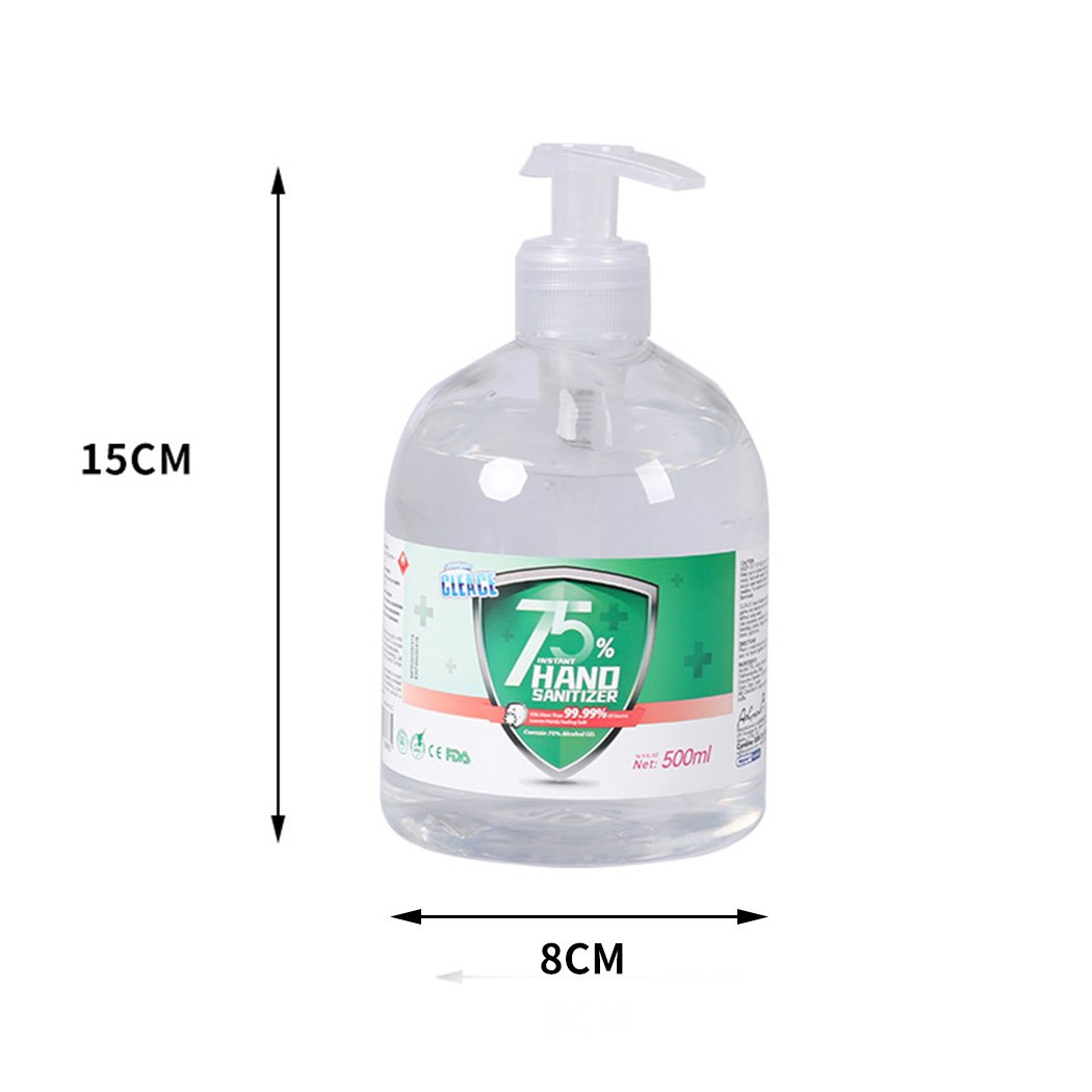 Cleace 8x500ML Hand Sanitiser Instant Gel Wash with 75% alcohol, clear gel in transparent bottles, effective against germs.