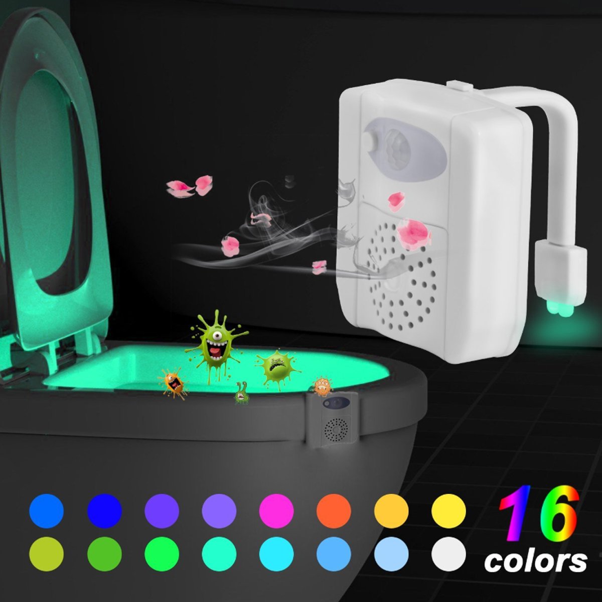 CLEAN BOWL UV Sanitizing Light with LED motion sensor, showcasing its compact design and colorful light options.