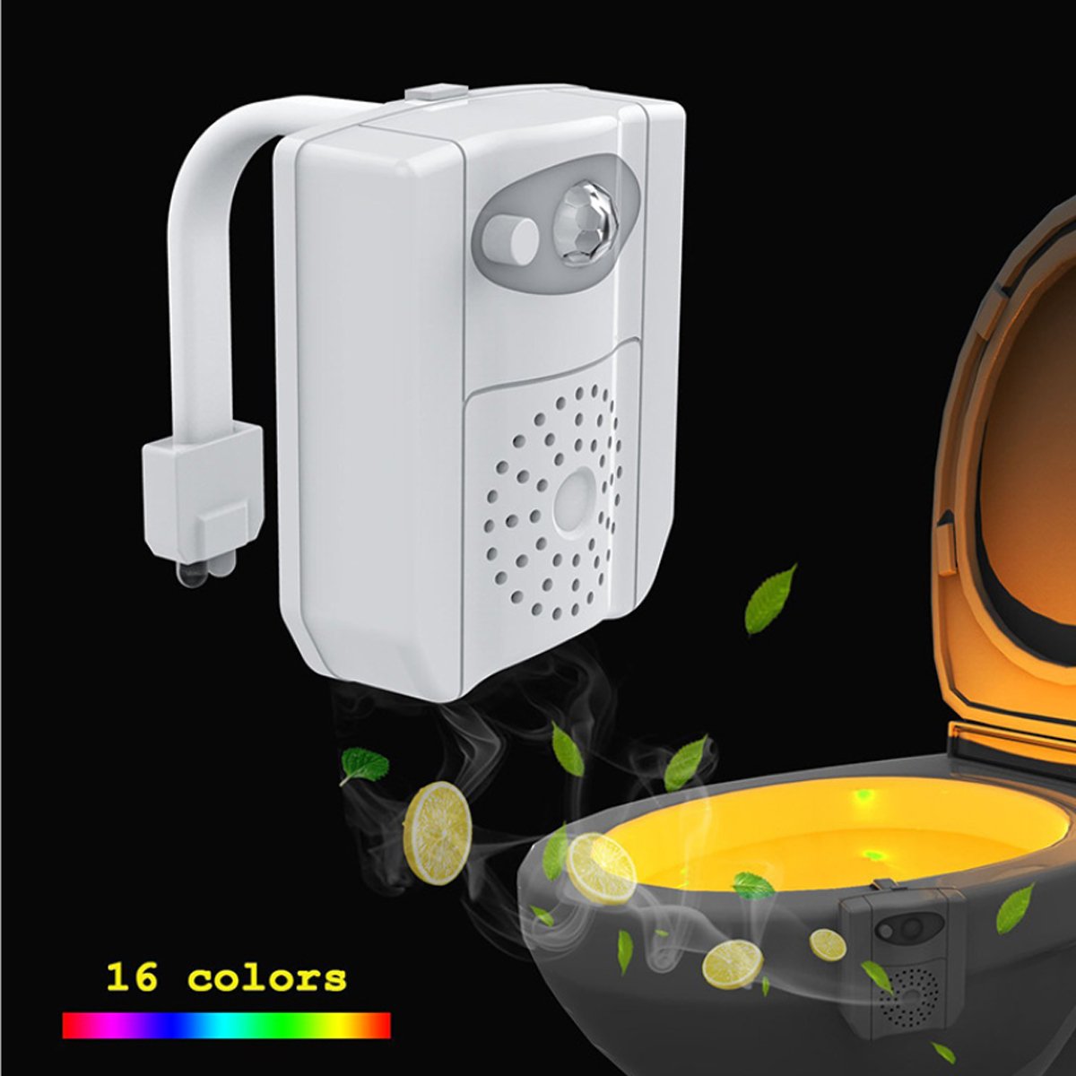 CLEAN BOWL UV Sanitizing Light with LED motion sensor, showcasing its compact design and colorful light options.