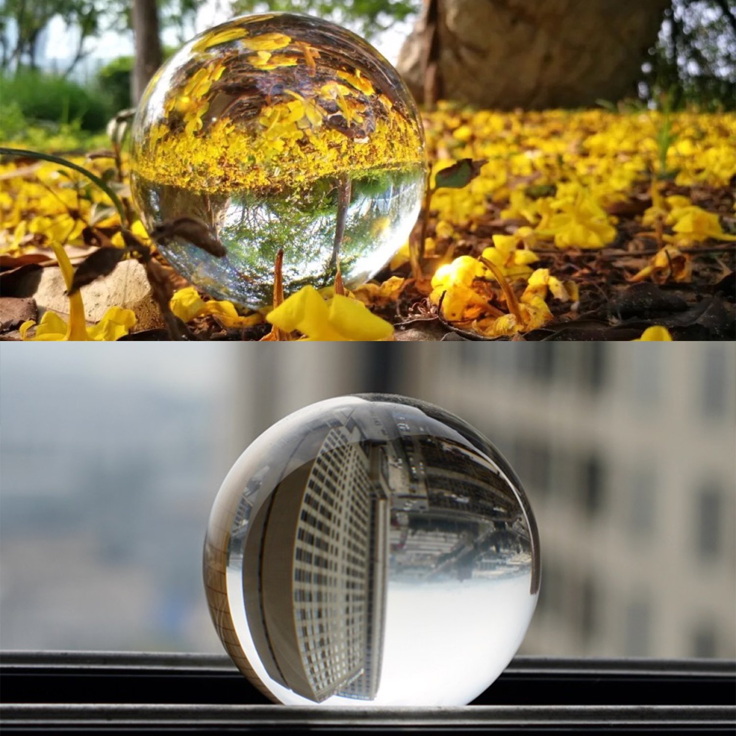 Clear Glass Healing Crystal Ball Sphere on a reflective surface, showcasing its transparent design and perfect for photography props.