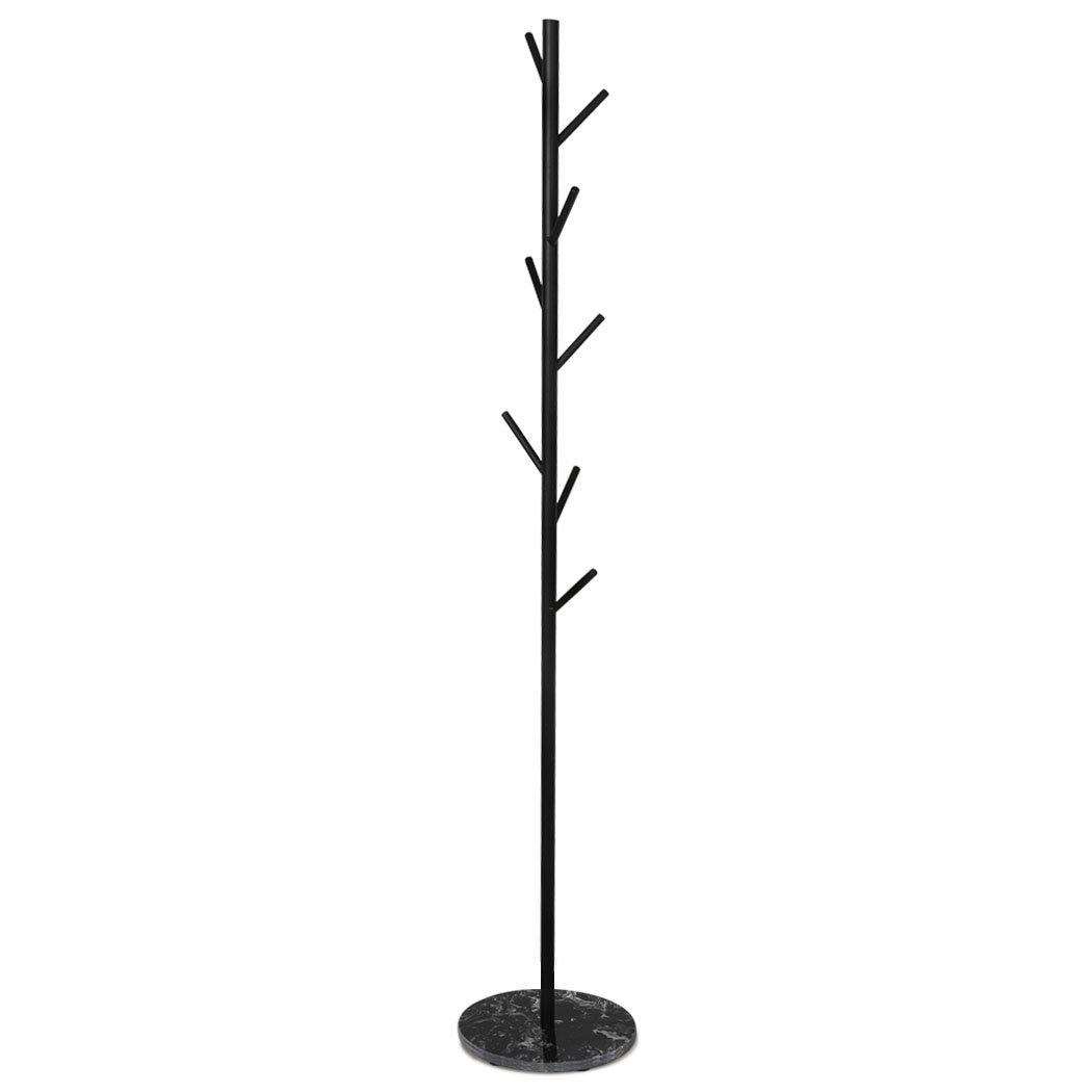 Stylish metal coat rack with eight branches and a marble base, perfect for organizing coats and hats.