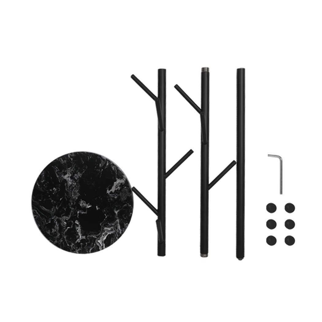 Stylish metal coat rack with eight branches and a marble base, perfect for organizing coats and hats.