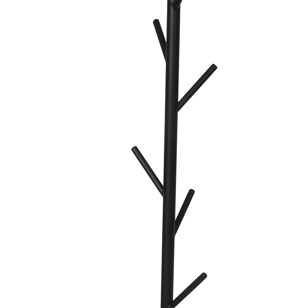 Stylish metal coat rack with eight branches and a marble base, perfect for organizing coats and hats.
