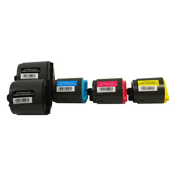 CLP300 Series Generic Toner Set PLUS featuring five cartridges: two black, one cyan, one magenta, and one yellow, designed for Samsung printers.