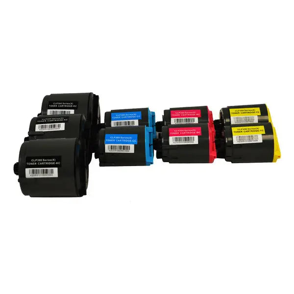 CLP-C300 Series Generic Toner Set including black, cyan, magenta, and yellow cartridges, designed for Samsung printers.