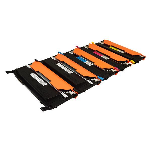 CLT-409 Series Generic Toner Set with two black cartridges and three color cartridges, ideal for Samsung printers.