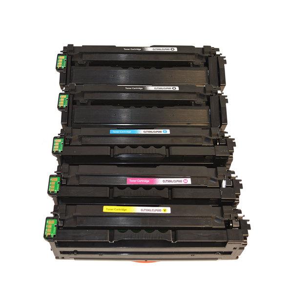 CLT-506L Premium Generic Remanufactured Toner Cartridge set including two black, one cyan, one magenta, and one yellow cartridge.