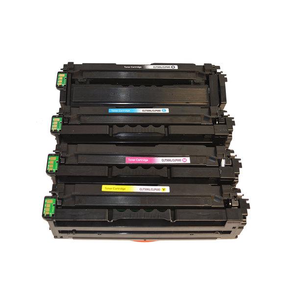 CLT-506L Premium Generic Remanufactured Toner Cartridge Set including black, cyan, magenta, and yellow cartridges.