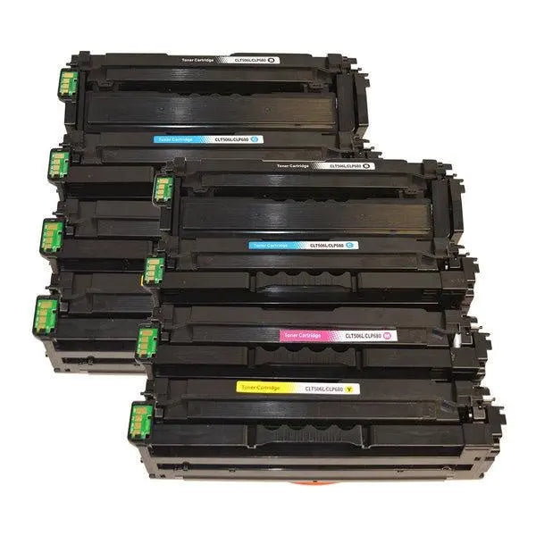 CLT-506L Premium Generic Remanufactured Toner Cartridge Set x 2 featuring black and color cartridges for high-quality printing.