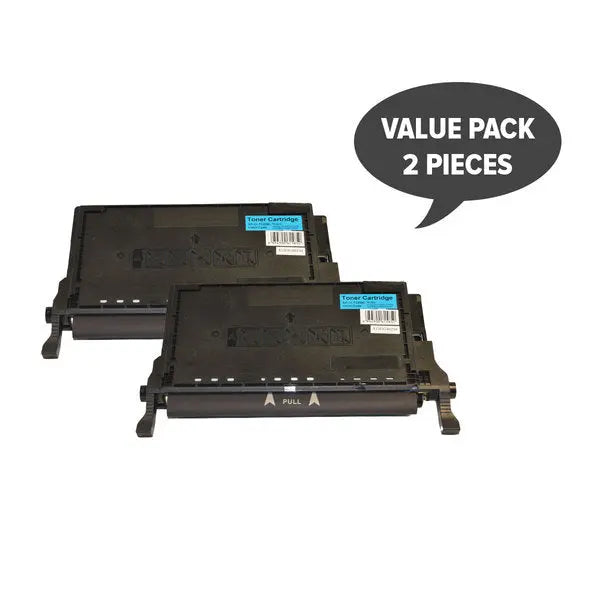 CLT-C508C Premium Generic Cyan Toner cartridges in a set of two, showcasing vibrant cyan color and premium quality design.