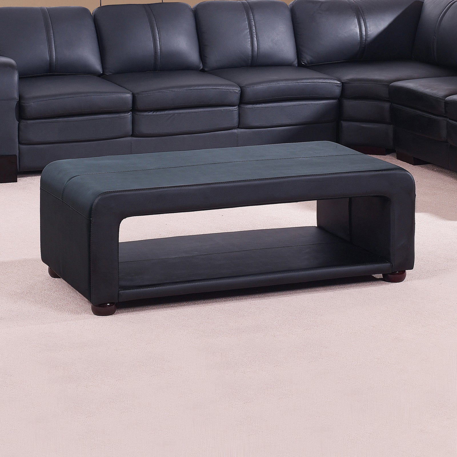 Elegant black PU leather coffee table with open storage, showcasing modern design and sturdy construction.