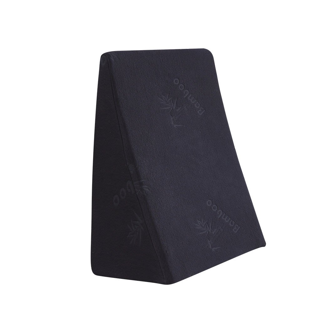 Cool Gel Memory Foam Bed Wedge Pillow with a black bamboo fiber cover, designed for neck and back support, showcasing its unique wedge shape.