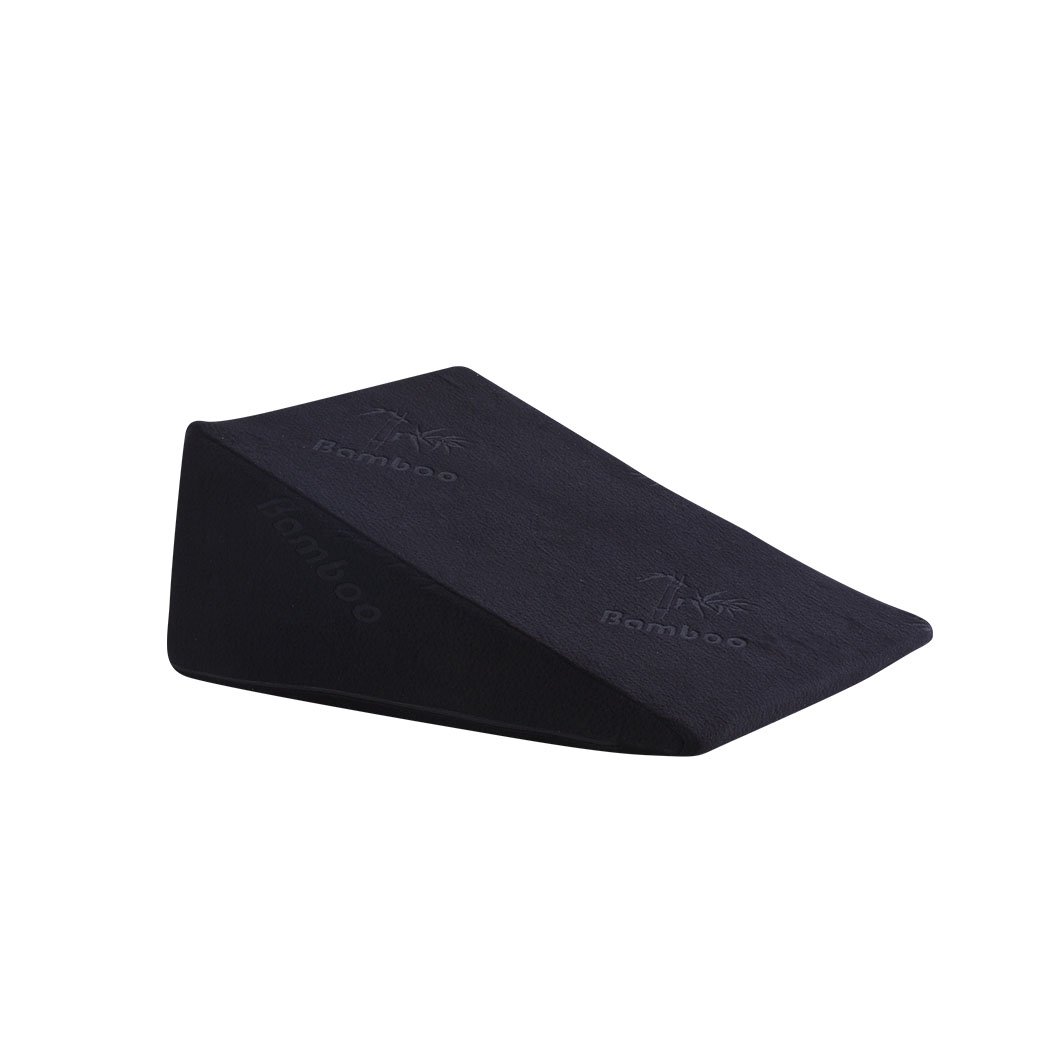 Cool Gel Memory Foam Bed Wedge Pillow with a black bamboo fiber cover, designed for neck and back support, showcasing its unique wedge shape.