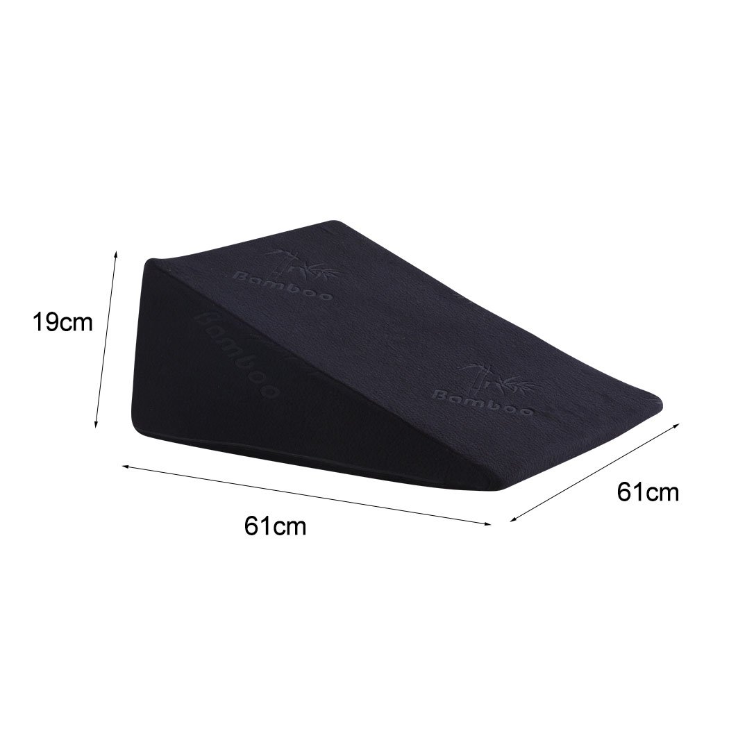 Cool Gel Memory Foam Bed Wedge Pillow with a black bamboo fiber cover, designed for neck and back support, showcasing its unique wedge shape.
