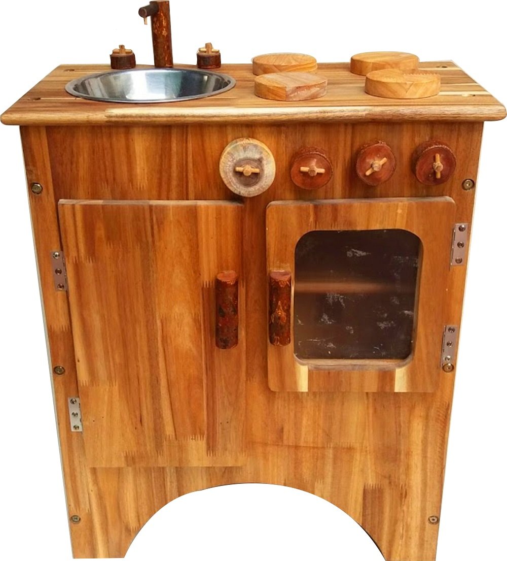 Handcrafted Combo Wooden Stove and Sink with four cook tops and a sink, made from solid wood, showcasing its elegant design.