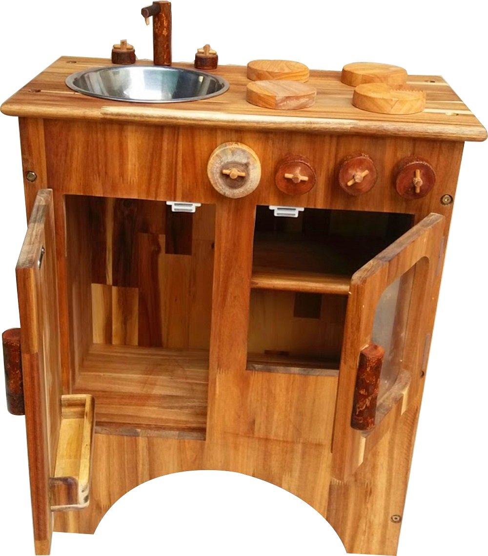 Handcrafted Combo Wooden Stove and Sink with four cook tops and a sink, made from solid wood, showcasing its elegant design.