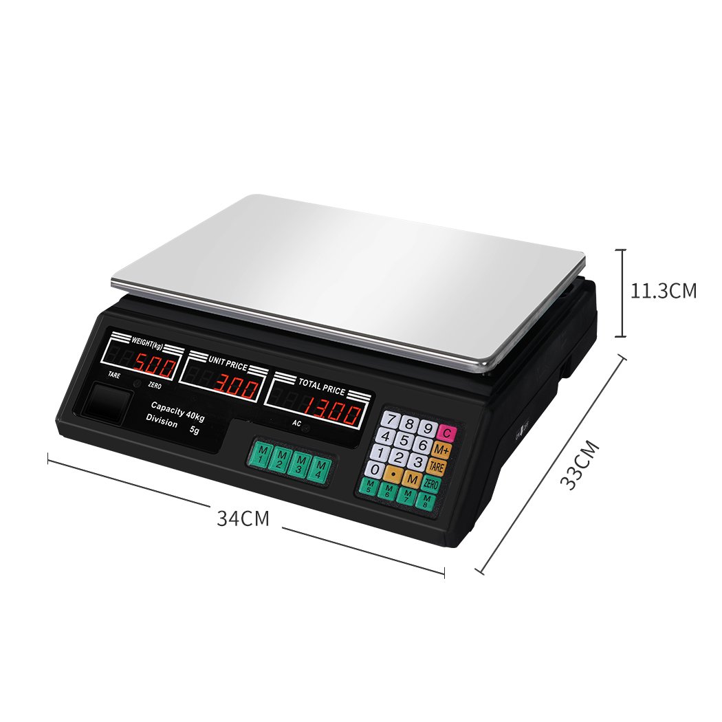 Commercial Digital Kitchen Scale with LCD display, stainless steel platform, and adjustable feet for precise food weighing up to 40KG.