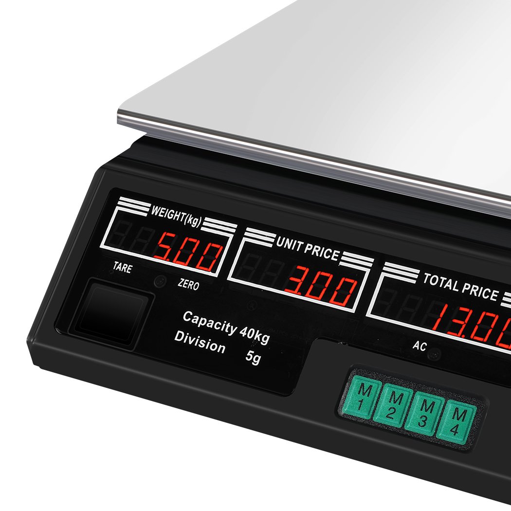 Commercial Digital Kitchen Scale with LCD display, stainless steel platform, and adjustable feet for precise food weighing up to 40KG.