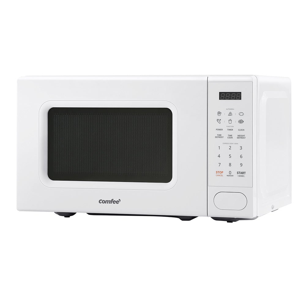 Comfee 20L Microwave Oven in white color with LED display and turntable, showcasing its sleek design and user-friendly features.
