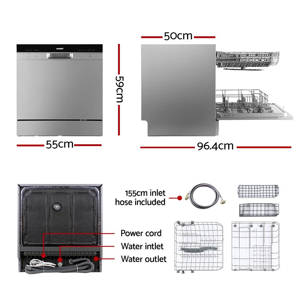 Comfee Benchtop Dishwasher in silver color, showcasing its compact design and LED display.