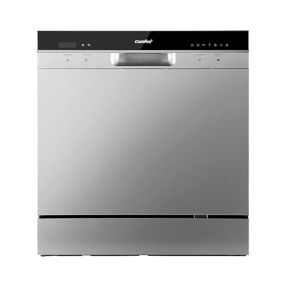 Comfee Benchtop Dishwasher in silver color, showcasing its compact design and LED display.