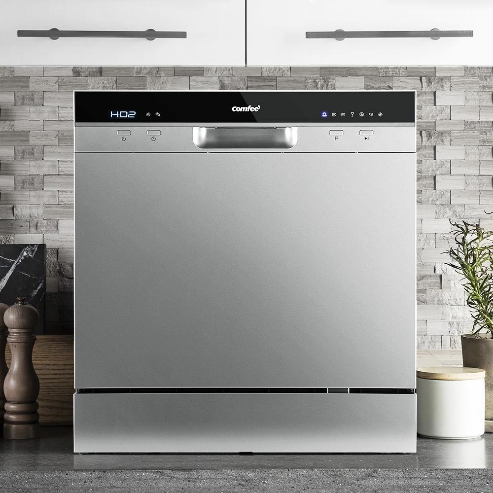 Comfee Benchtop Dishwasher in silver color, showcasing its compact design and LED display.