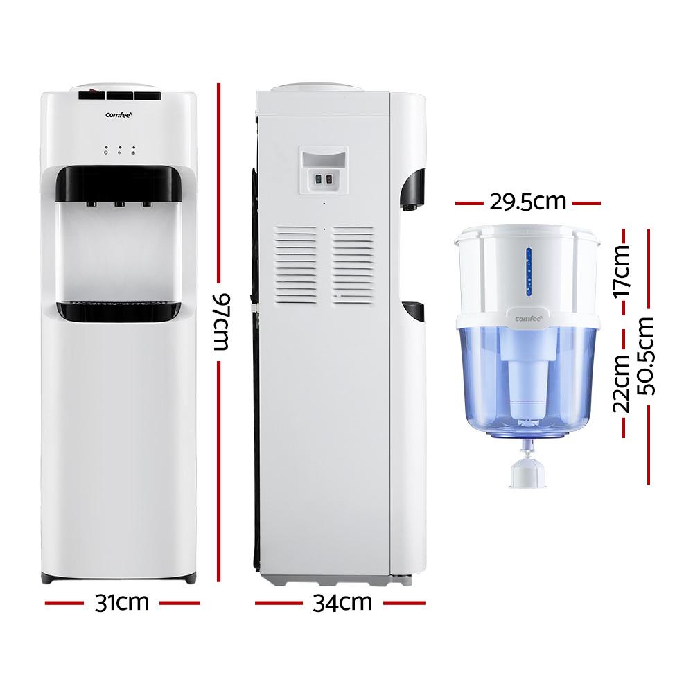 Comfee Water Dispenser Cooler with 15L filter chiller and purifier, featuring three taps for hot, cold, and room temperature water.