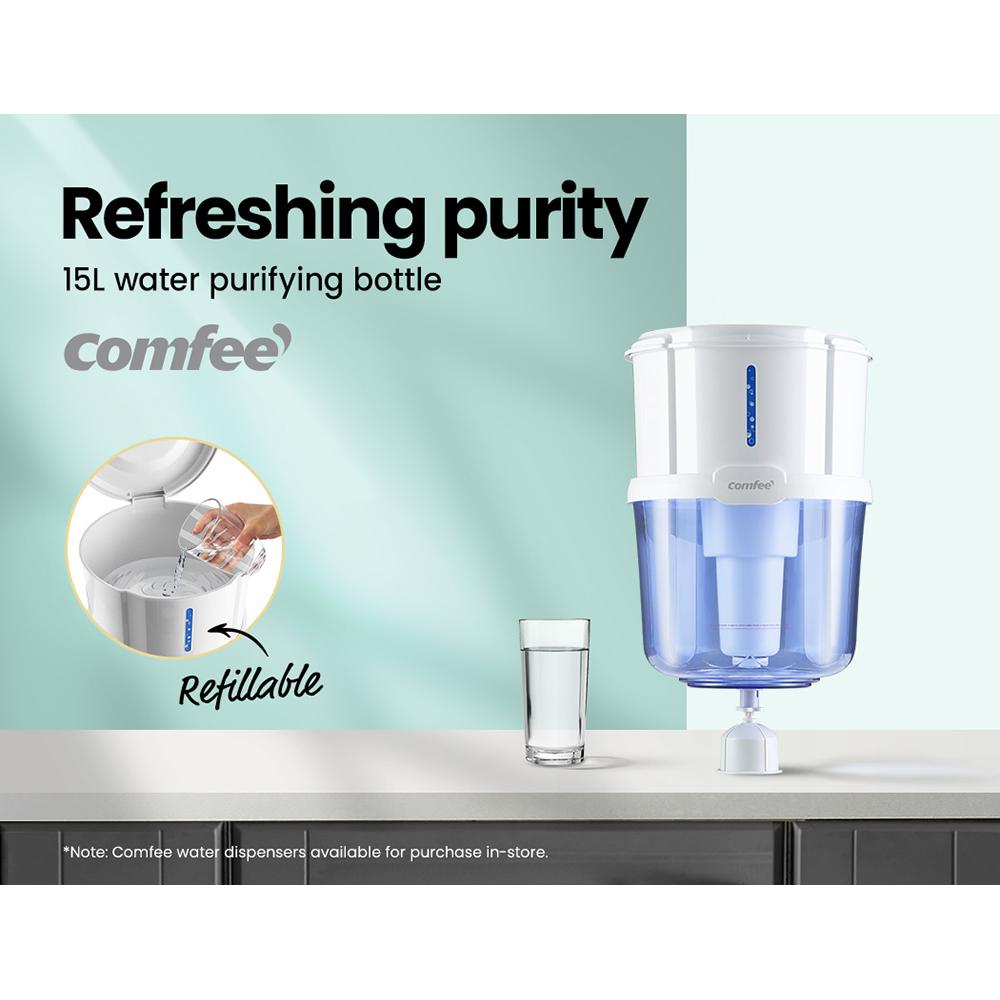 Comfee Water Purifier Dispenser with a 15L capacity, featuring a removable lid and eco-friendly design, ideal for clean water access.