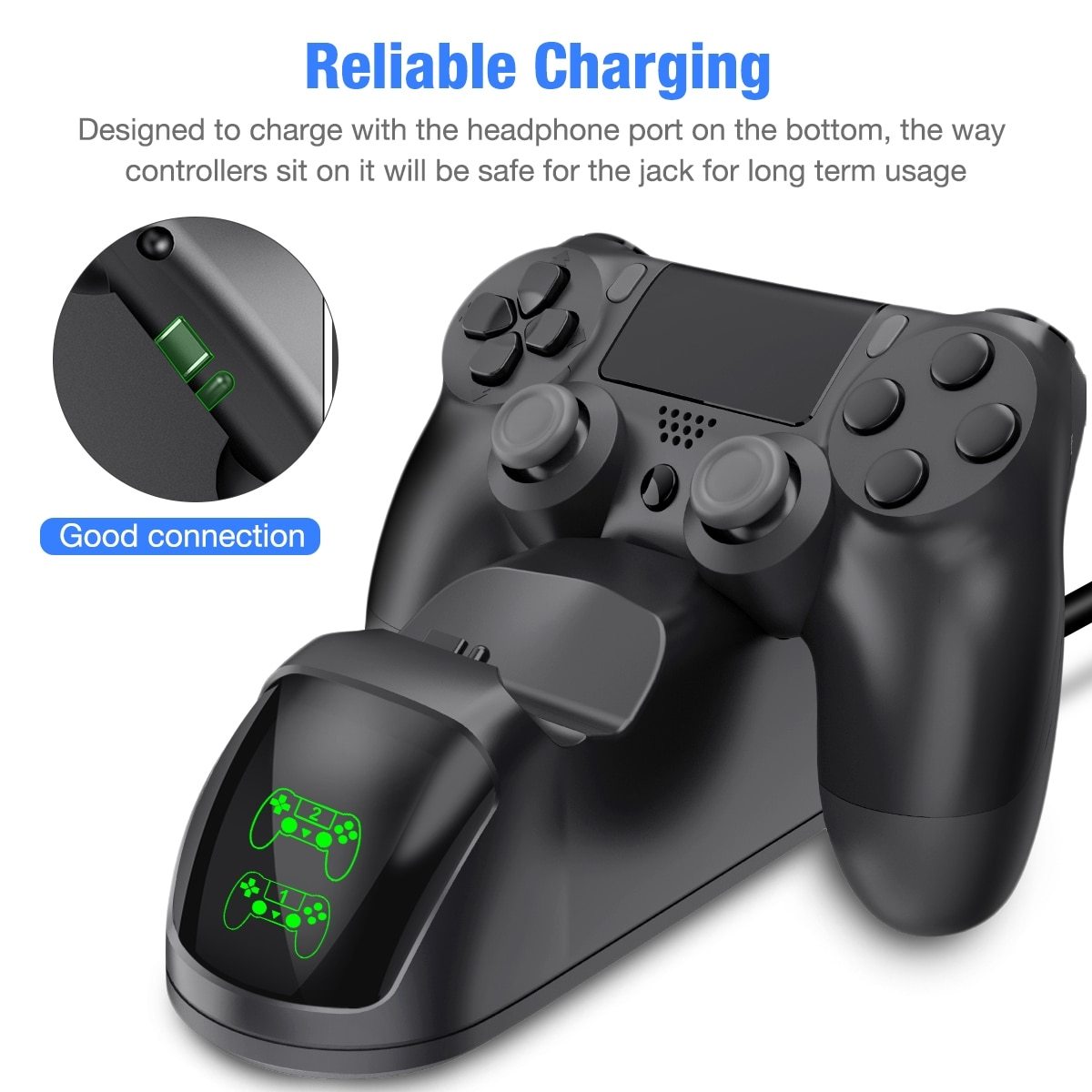 Controller Charger Stand for PS4 with dual dock for fast charging, designed for PlayStation 4, Slim, and Pro models.