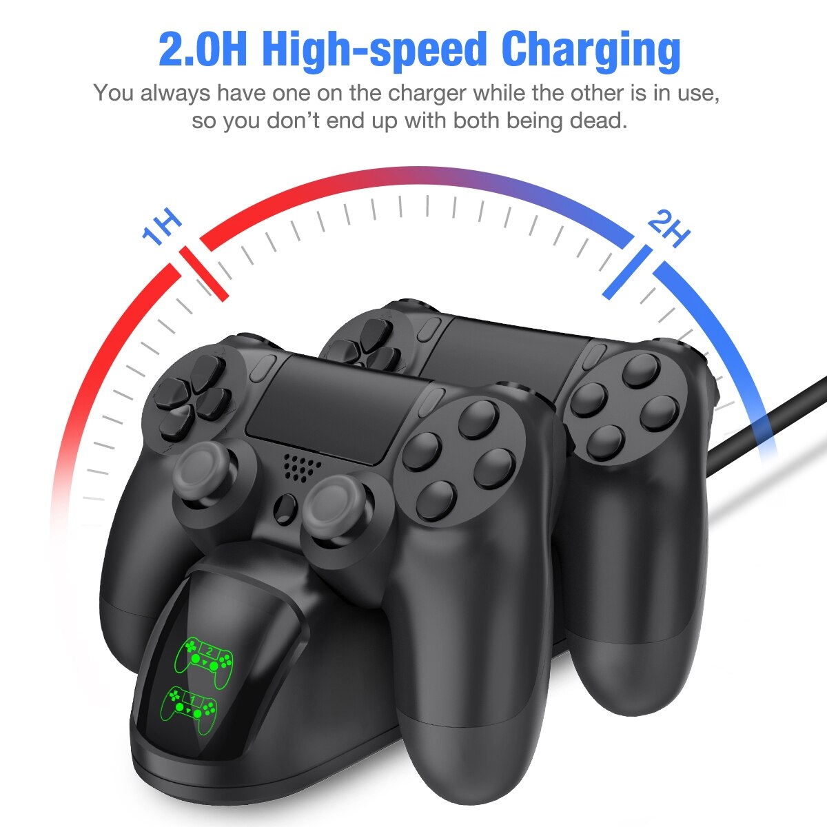 Controller Charger Stand for PS4 with dual dock for fast charging, designed for PlayStation 4, Slim, and Pro models.