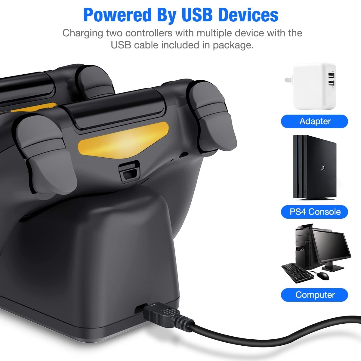 Controller Charger Stand for PS4 with dual dock for fast charging, designed for PlayStation 4, Slim, and Pro models.
