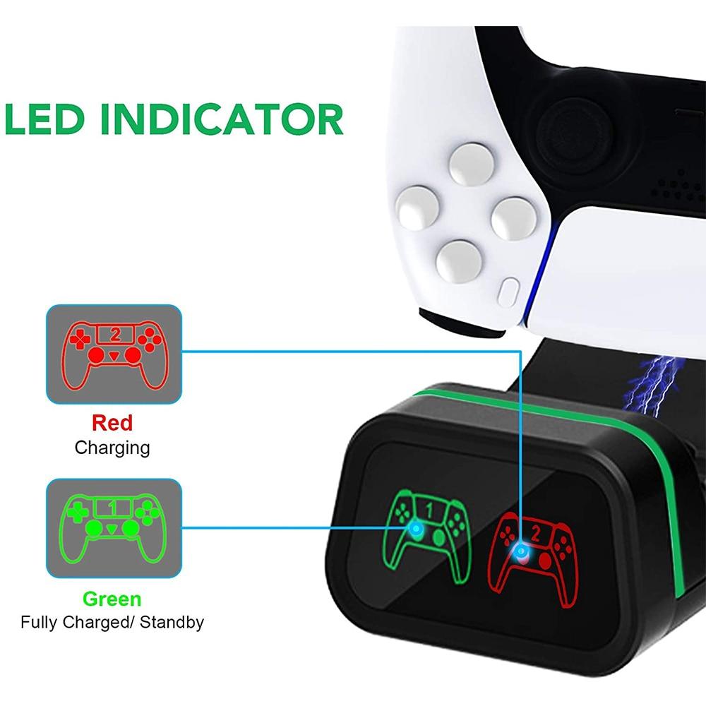 A sleek charging dock designed for PS5, Xbox Series S/X, and Nintendo Switch controllers, showcasing multiple slots for simultaneous charging.