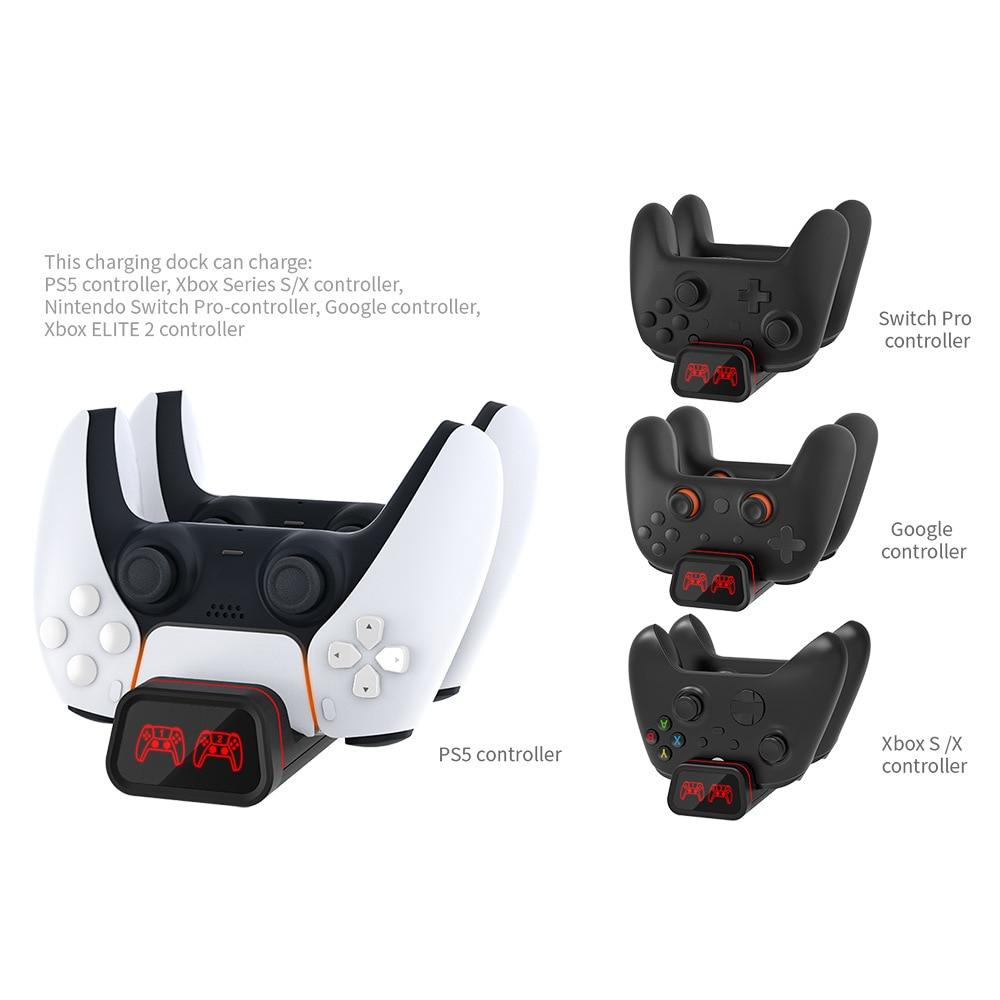 A sleek charging dock designed for PS5, Xbox Series S/X, and Nintendo Switch controllers, showcasing multiple slots for simultaneous charging.