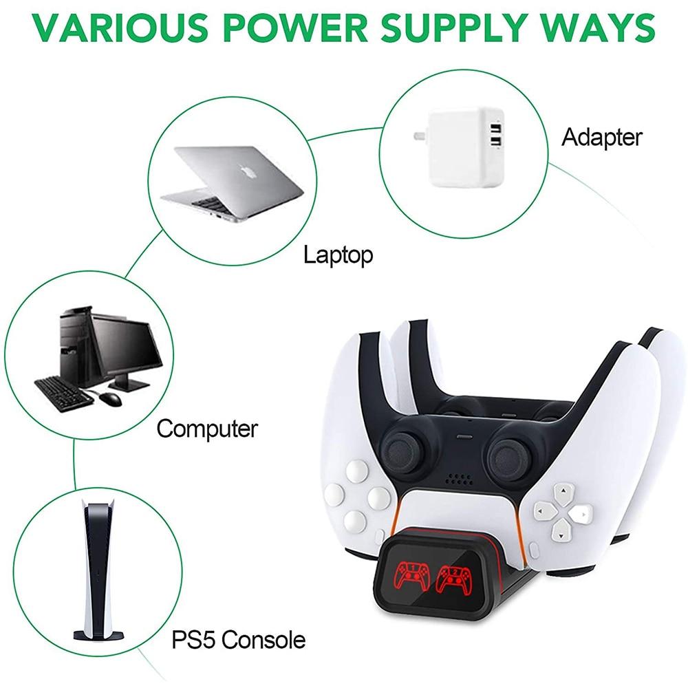 A sleek charging dock designed for PS5, Xbox Series S/X, and Nintendo Switch controllers, showcasing multiple slots for simultaneous charging.