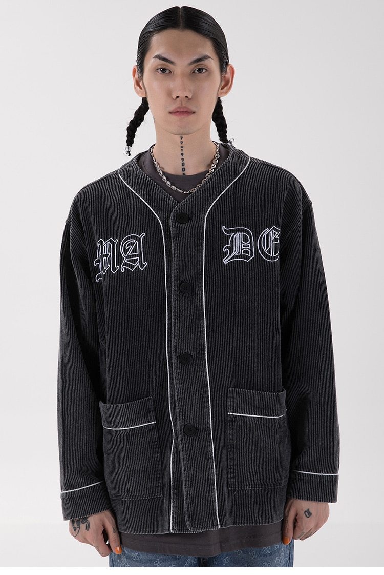 Corduroy V-Neck Punk Letter Embroidery Jacket in black and purple, showcasing its stylish design and embroidery details.