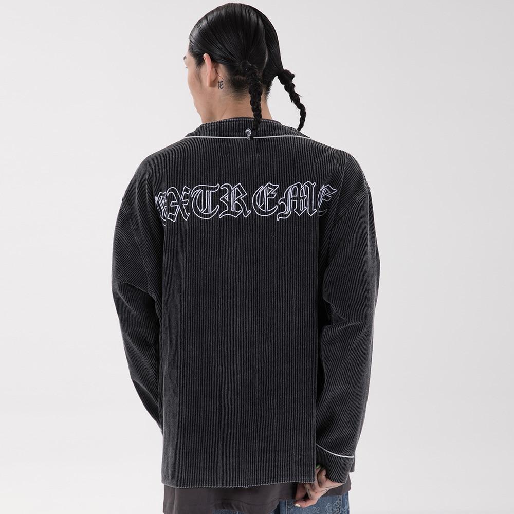 Corduroy V-Neck Punk Letter Embroidery Jacket in black and purple, showcasing its stylish design and embroidery details.