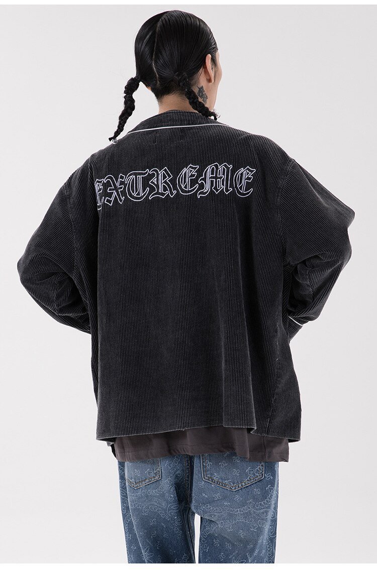 Corduroy V-Neck Punk Letter Embroidery Jacket in black and purple, showcasing its stylish design and embroidery details.