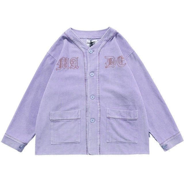 Corduroy V-Neck Punk Letter Embroidery Jacket in black and purple, showcasing its stylish design and embroidery details.
