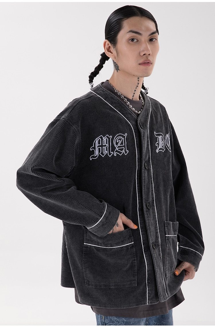 Corduroy V-Neck Punk Letter Embroidery Jacket in black and purple, showcasing its stylish design and embroidery details.