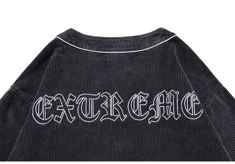 Corduroy V-Neck Punk Letter Embroidery Jacket in black and purple, showcasing its stylish design and embroidery details.