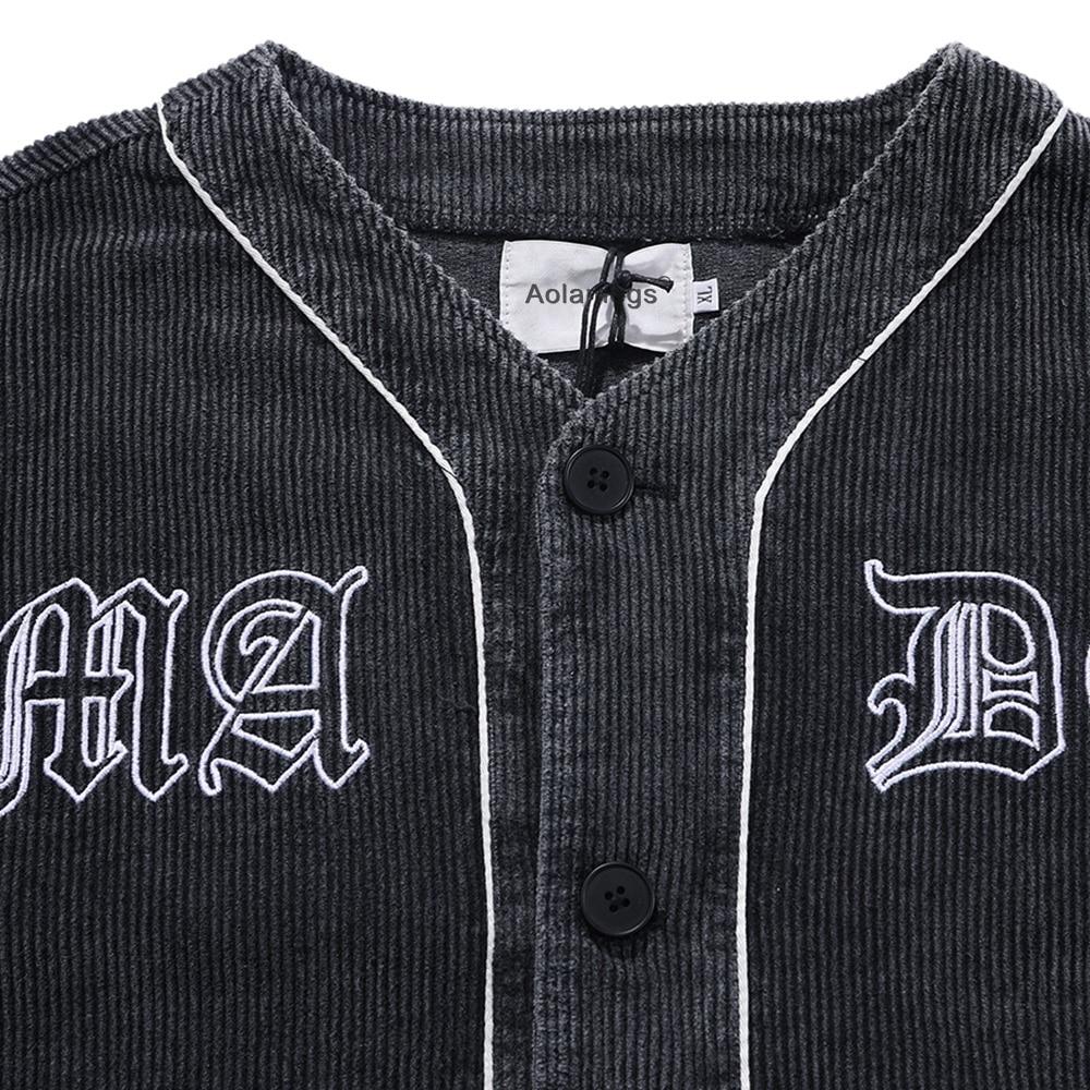 Corduroy V-Neck Punk Letter Embroidery Jacket in black and purple, showcasing its stylish design and embroidery details.