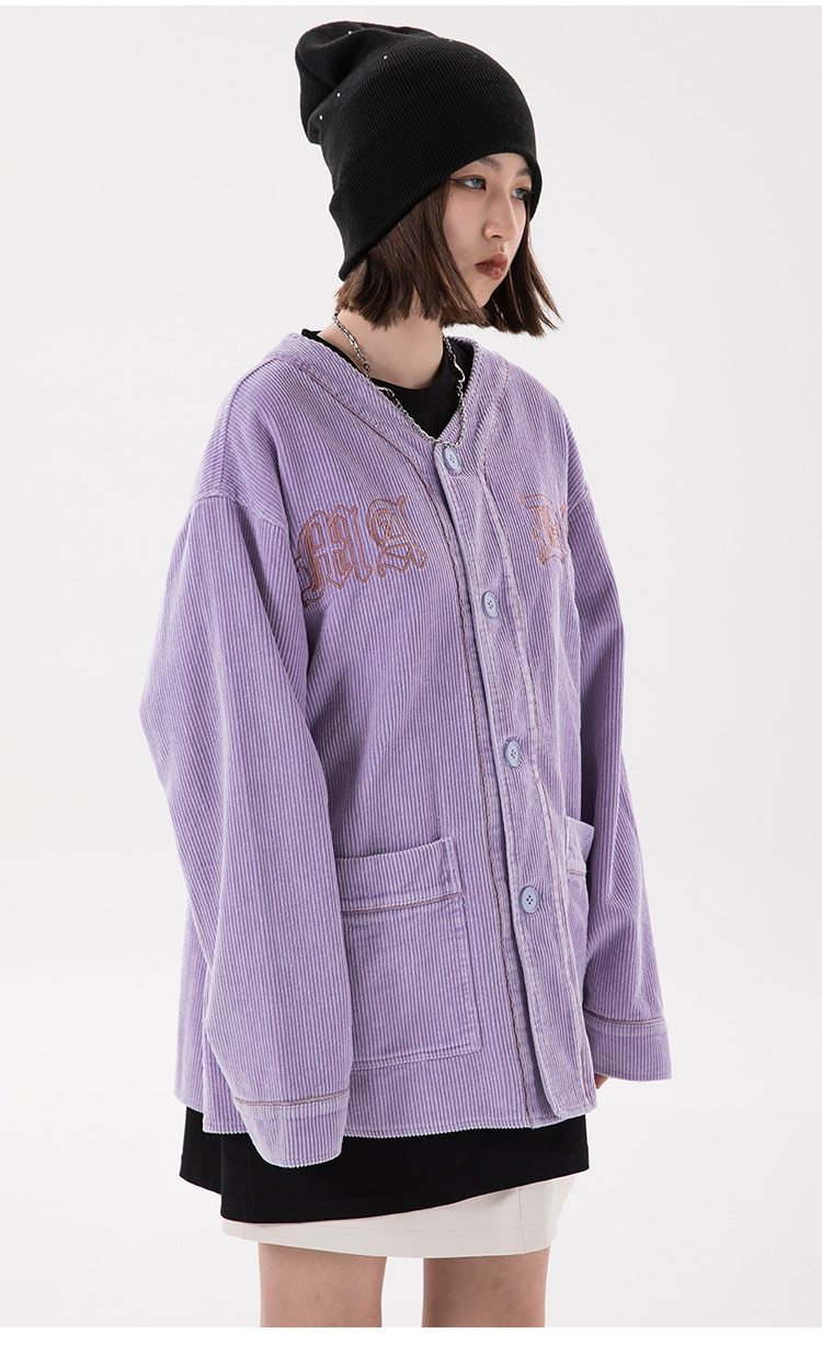 Corduroy V-Neck Punk Letter Embroidery Jacket in black and purple, showcasing its stylish design and embroidery details.